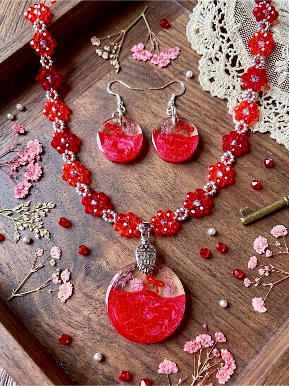 Handcrafted Red Glass Floral Pendant Necklace and Earrings